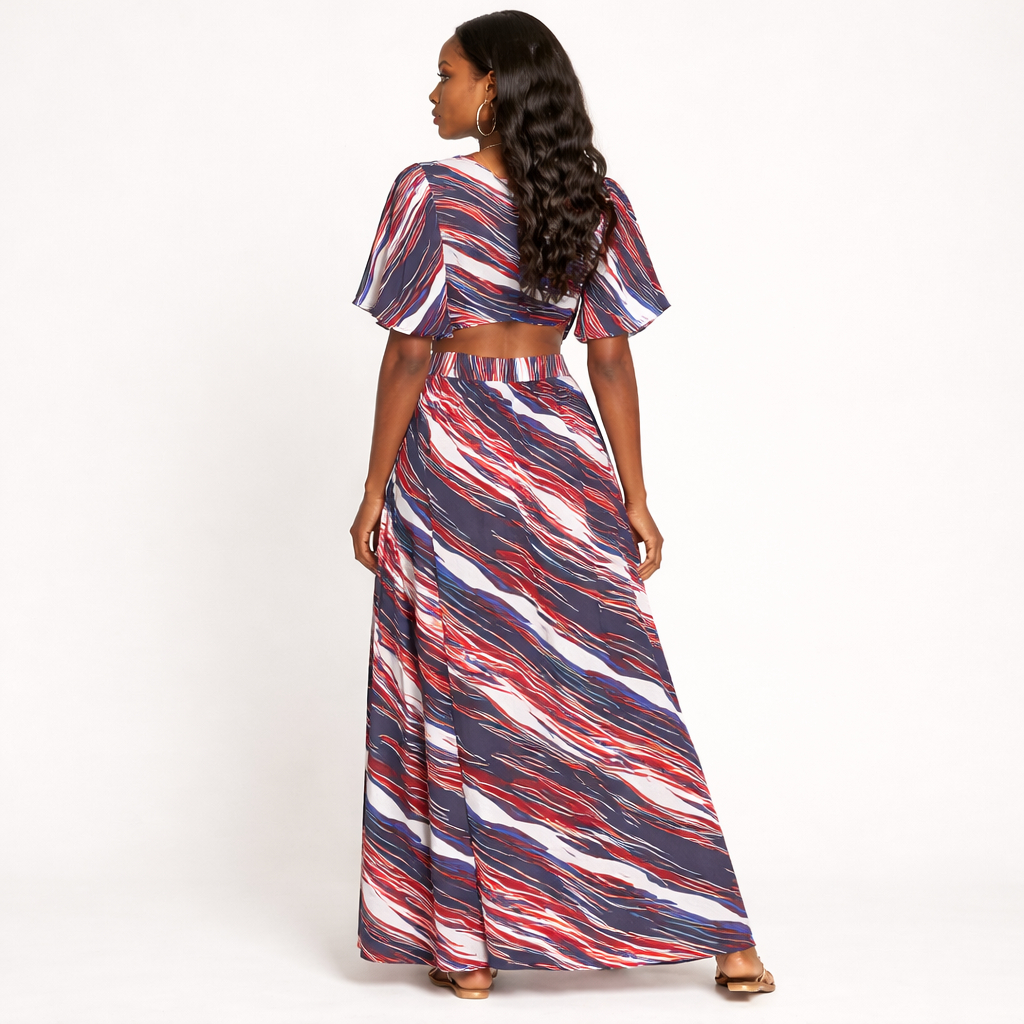 Womens Abstract Print Tie Front Top and Maxi Skirt Set