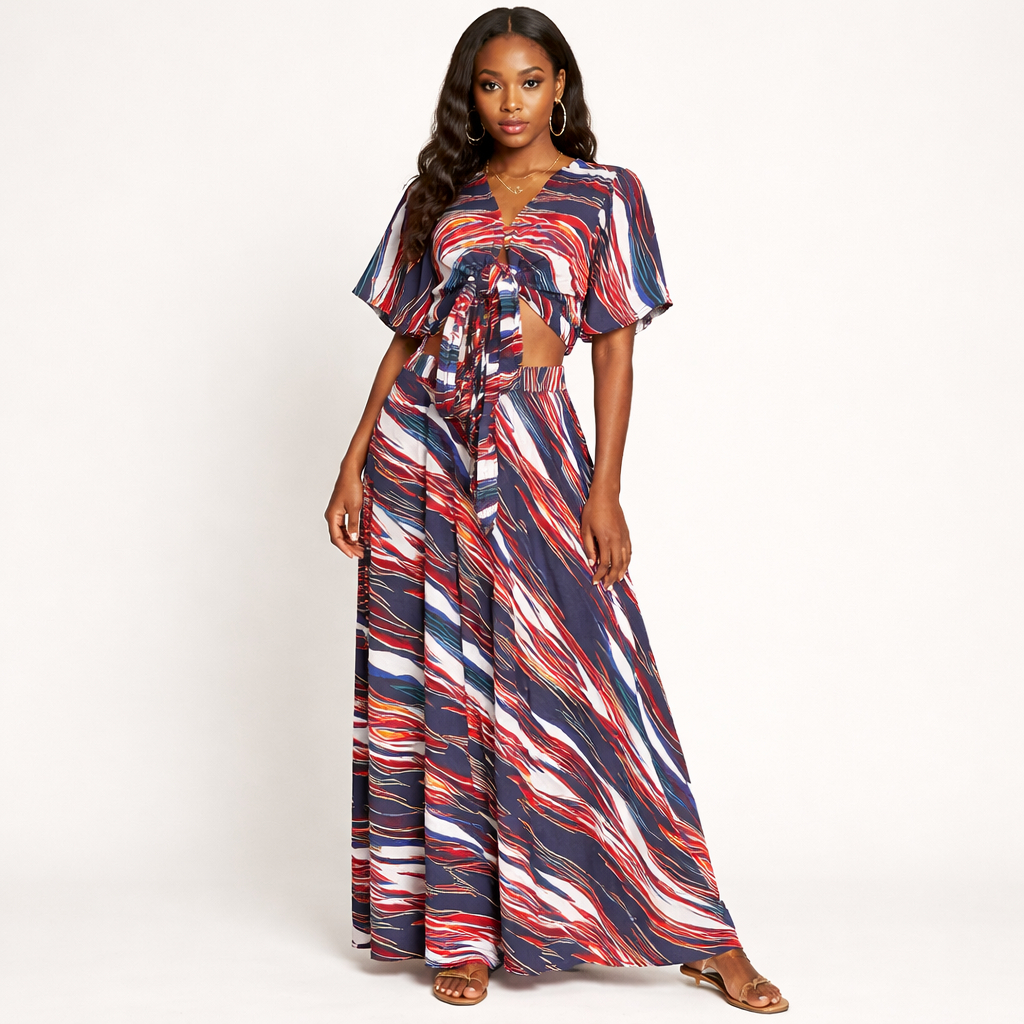 Womens Abstract Print Tie Front Top and Maxi Skirt Set
