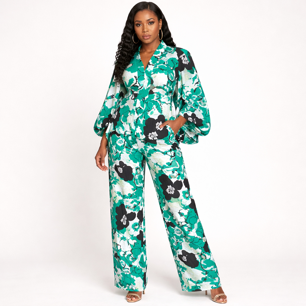 Womens Green Floral Print Two Piece Lounge Set