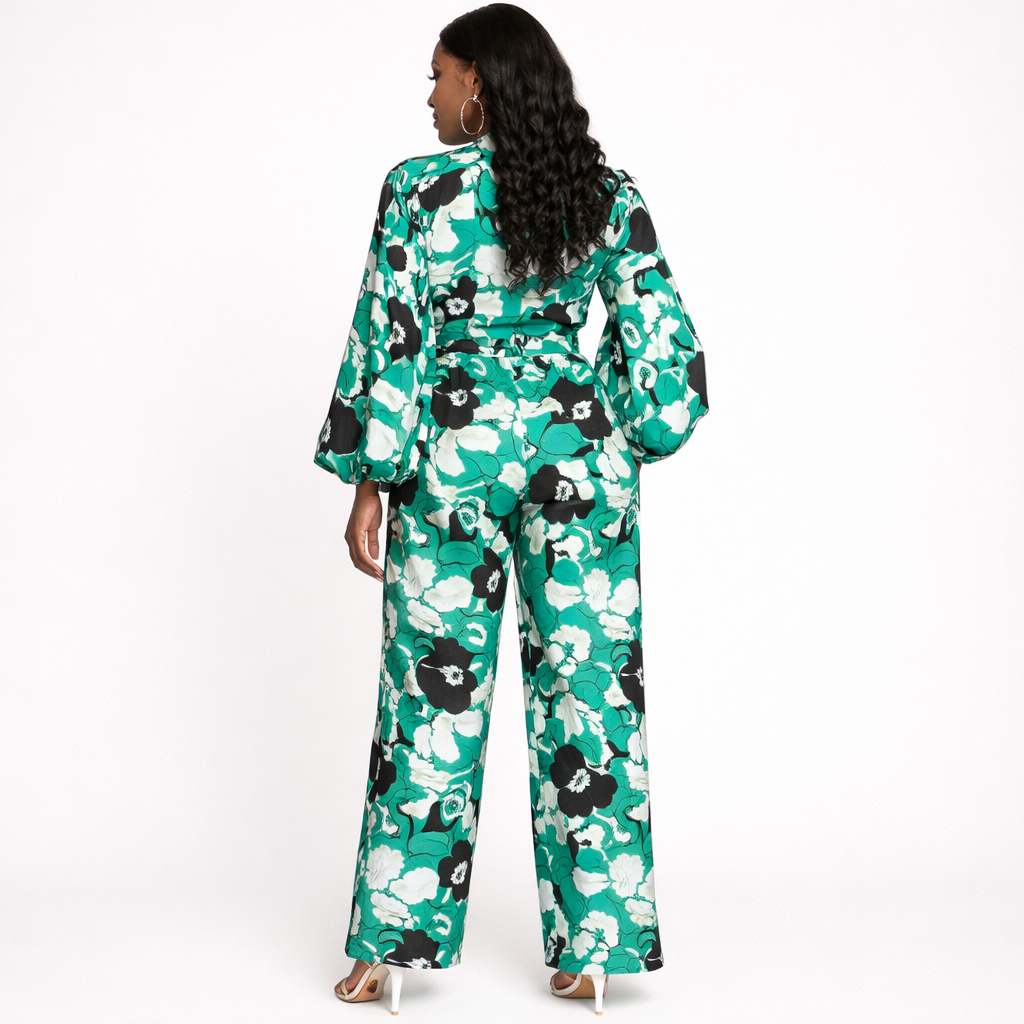 Womens Green Floral Print Two Piece Lounge Set