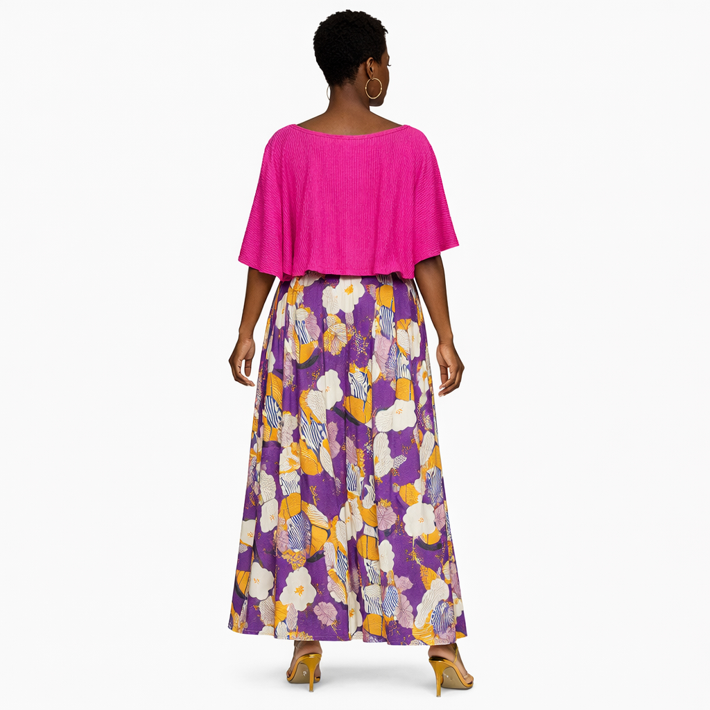 Womens Off Shoulder Pink Top with Printed Flared Skirt Dress