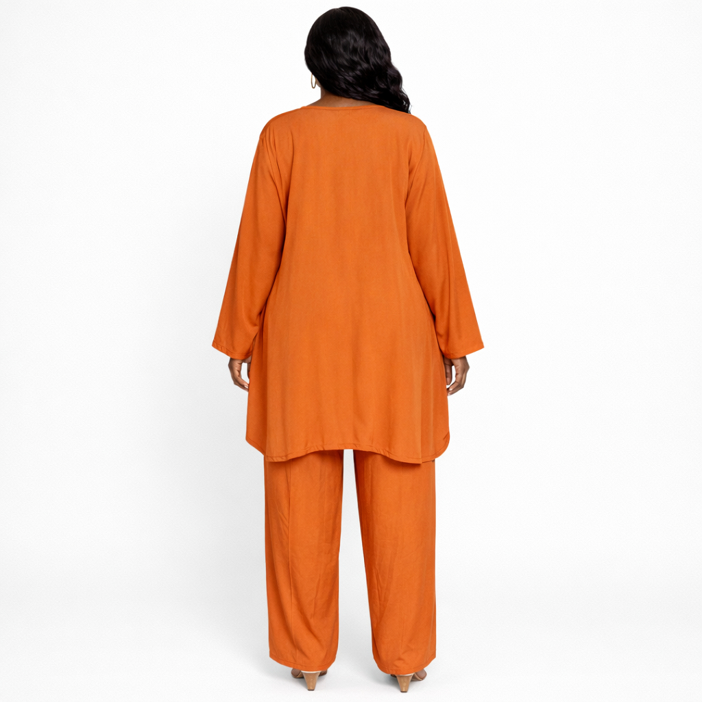 Elegant Orange Kaftan Two Piece Set with Gold Embroidered Neckline