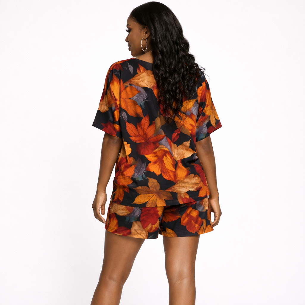 Ladies Autumn Leaf Print Short Sleeve Blouse