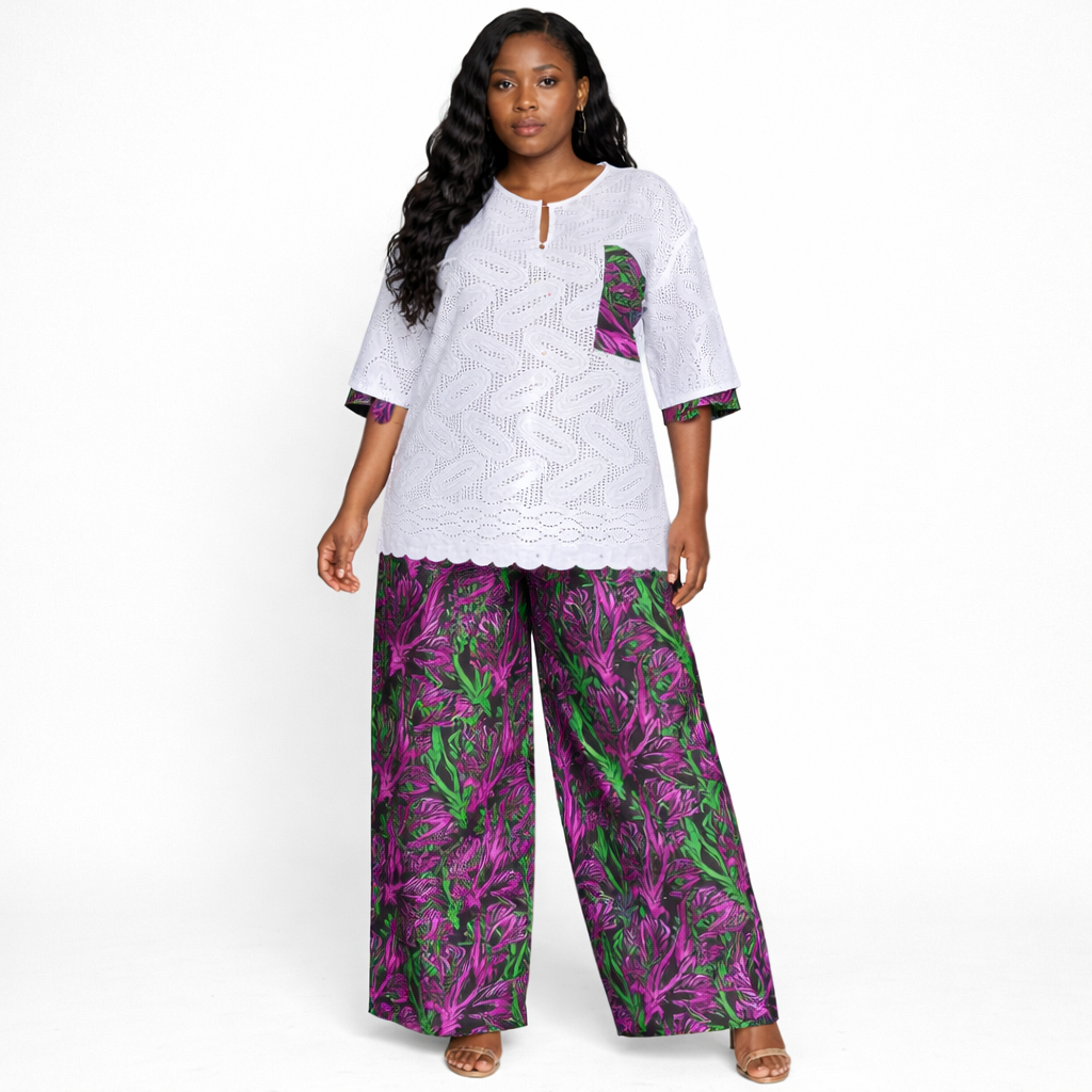 Womens Eyelet Lace Top and Printed Trousers Set