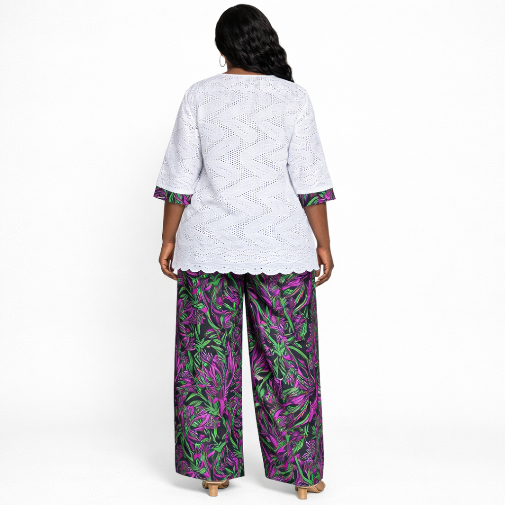 Womens Eyelet Lace Top and Printed Trousers Set