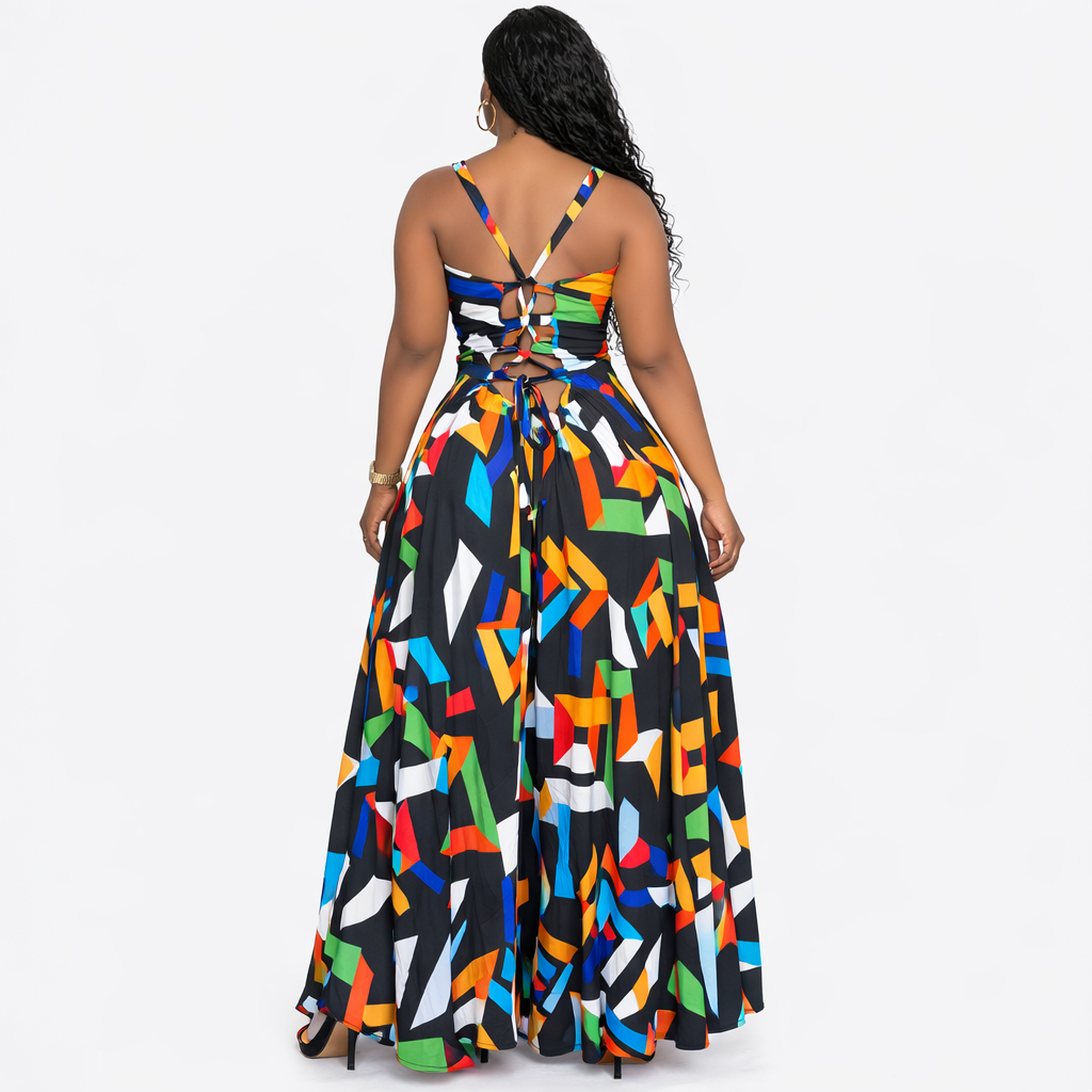 Womens Abstract Print Spaghetti Strap Wide Leg Jumpsuit