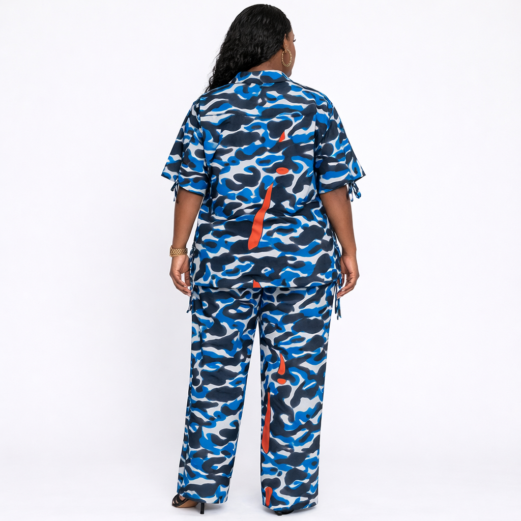 Ladies Abstract Print Button Up Shirt & Pants Two Piece Set