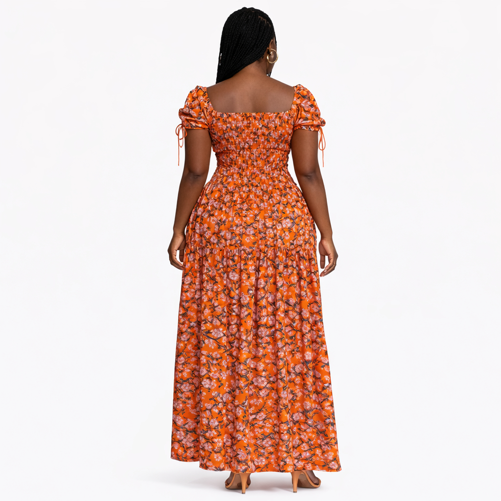 Ladies Orange Floral Smocked Maxi Dress