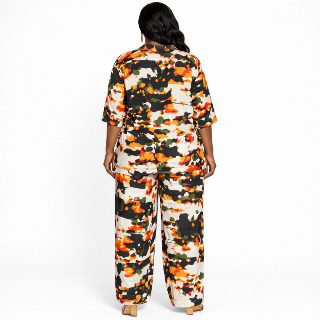 Womens Abstract Print Button Up Shirt and Wide Leg Trouser Set