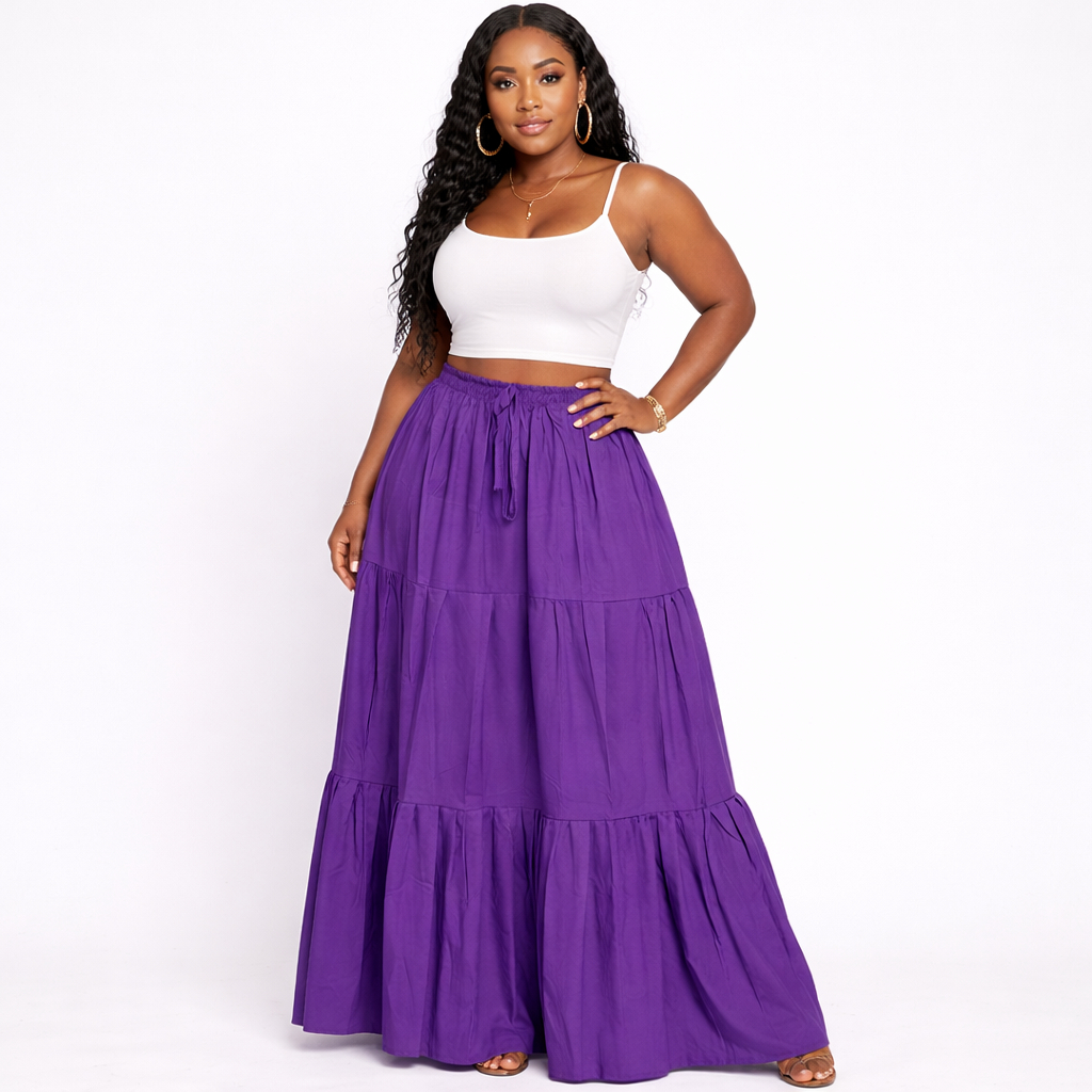 Purple Tiered Maxi Skirt with Elastic Waist