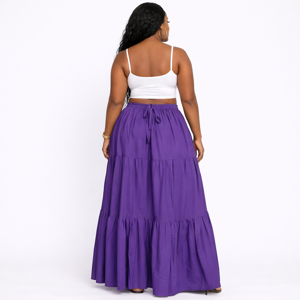 Purple Tiered Maxi Skirt with Elastic Waist