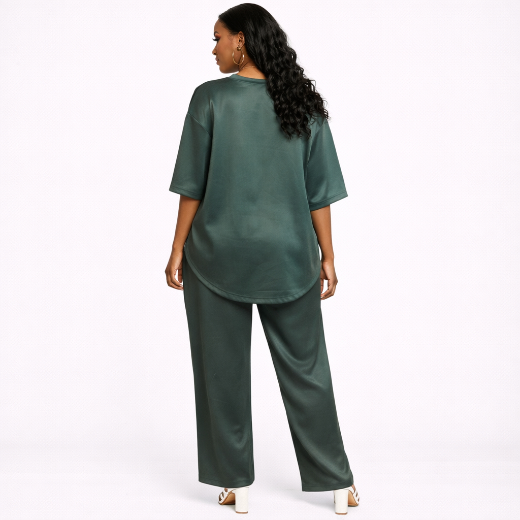 Green Graphic Top and Wide  Leg Pants Two Piece Set