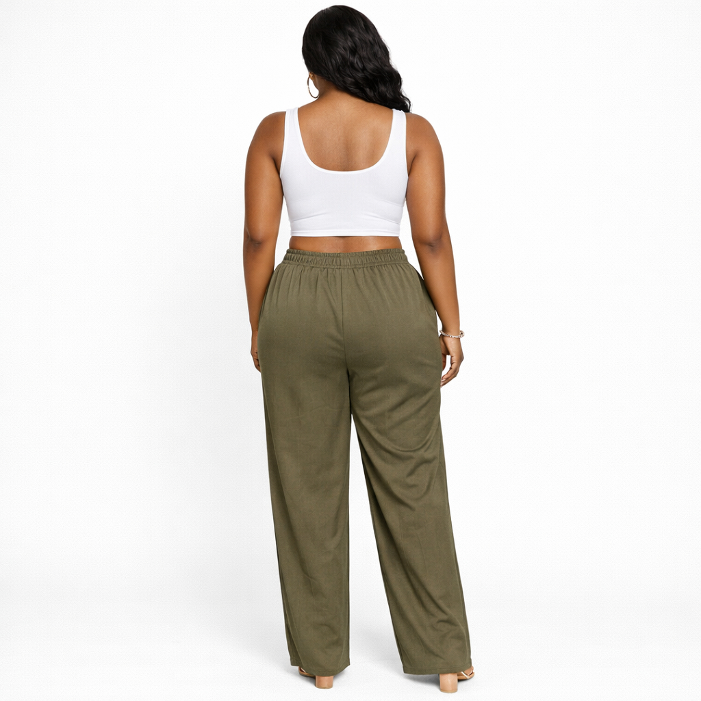 Olive Green Elastic Waist Wide Leg Pants