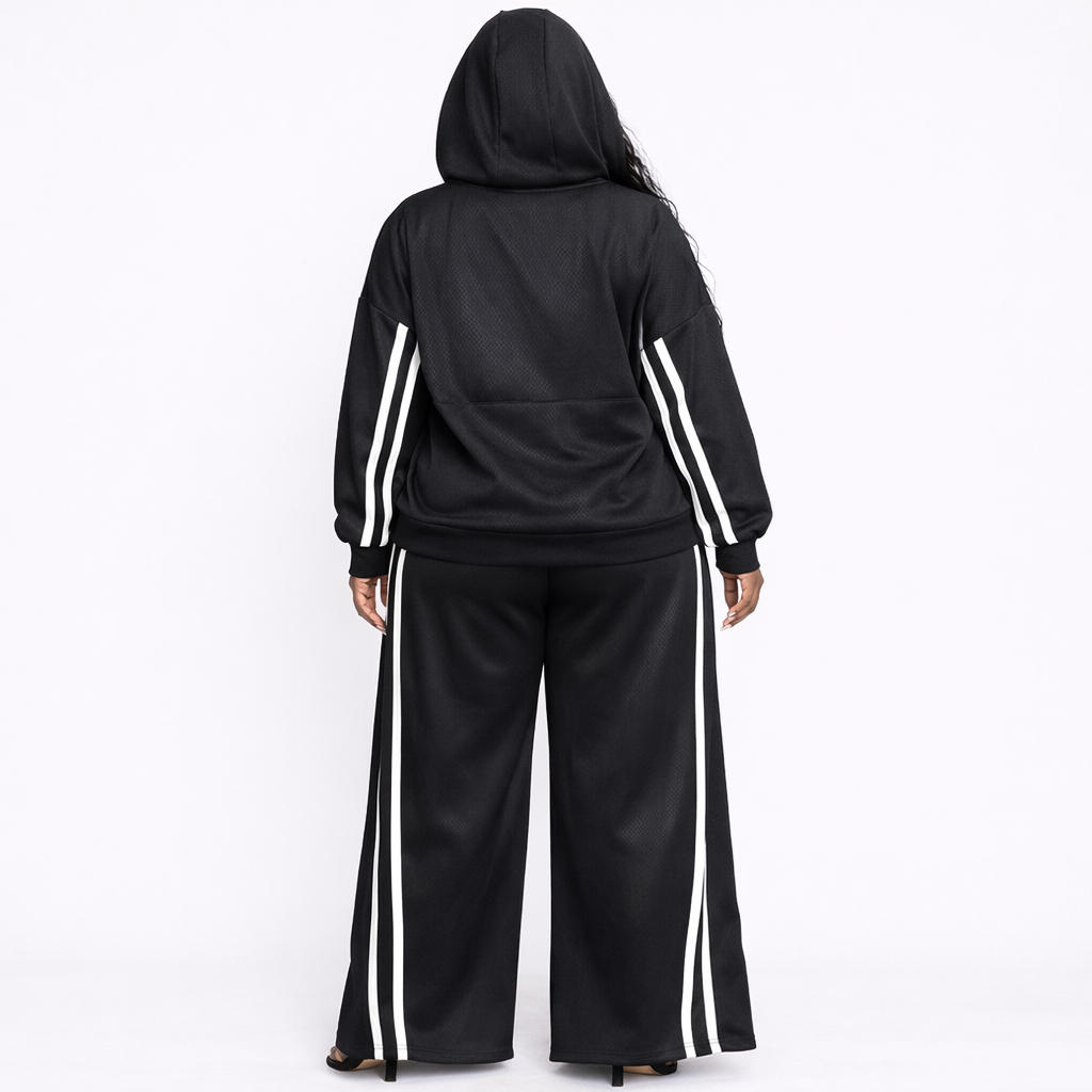 Black Striped Zip Up Hoodie and Wide Leg Pants Set