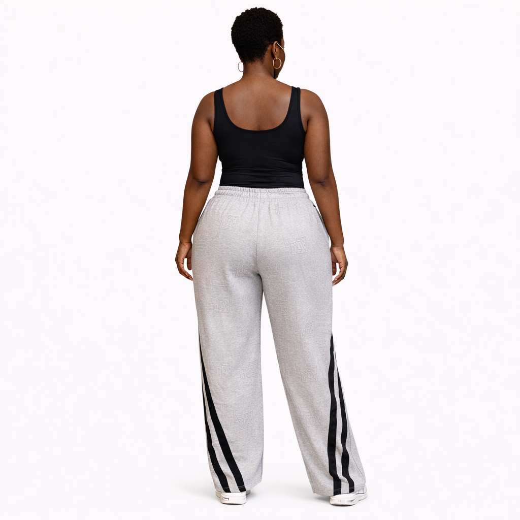 Grey Embossed Wide Leg Lounge Pants with Side Stripe