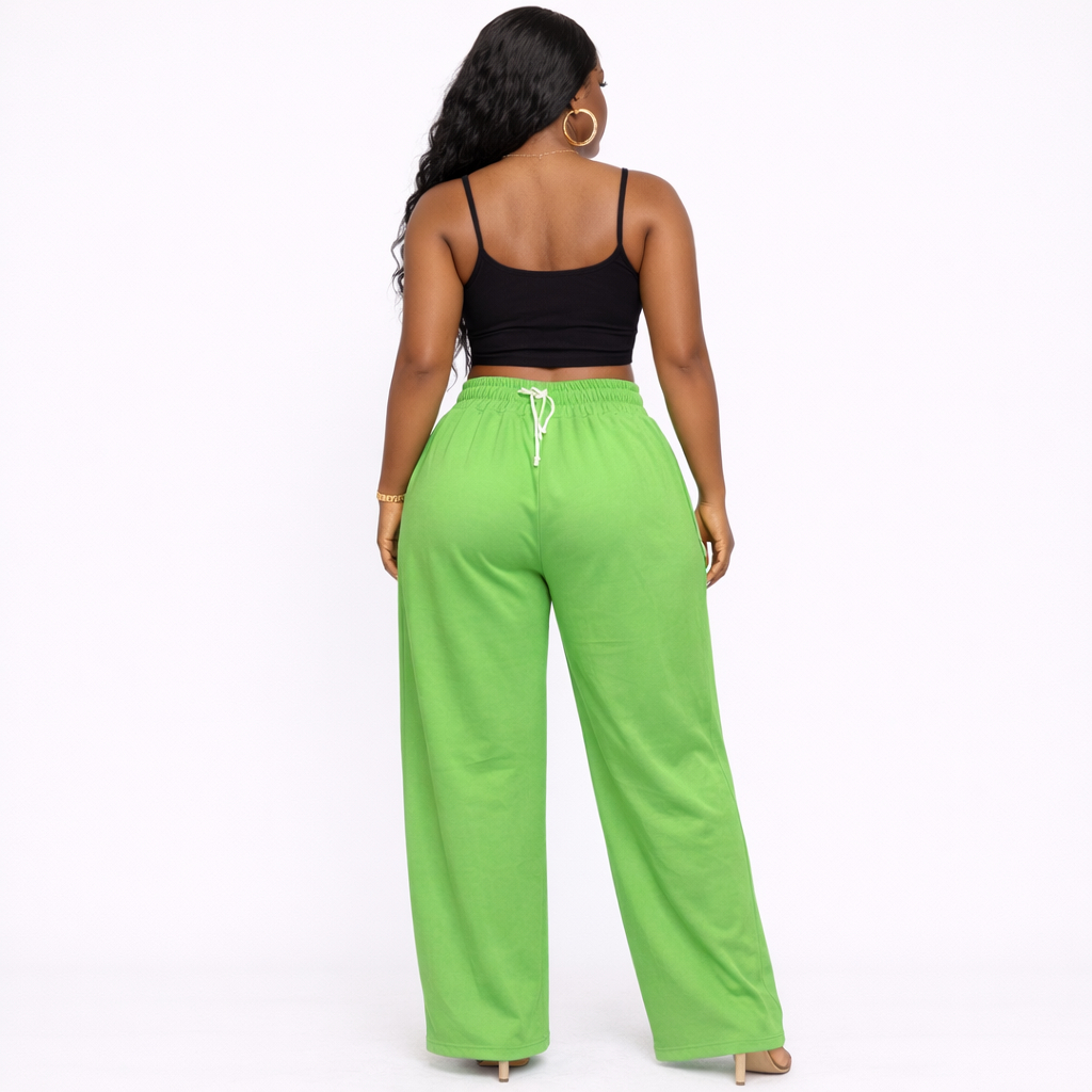 Green Elastic Waist Wide Leg Casual Pants
