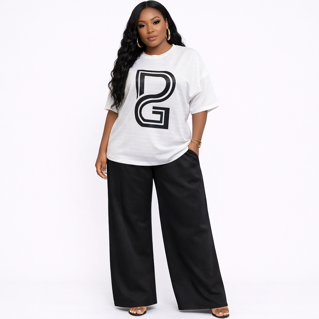 White Textured Graphic Casual Top and Wide Leg Pants Set