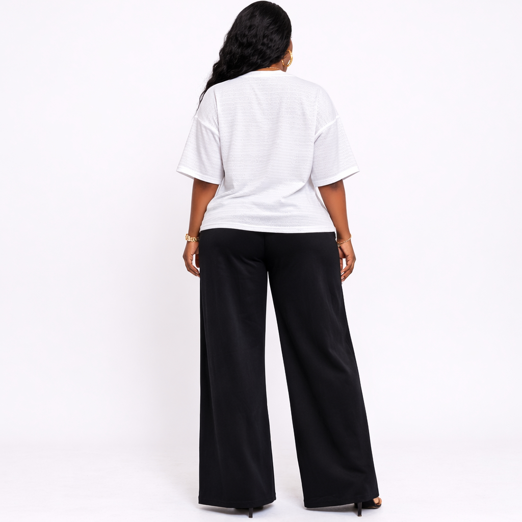 White Textured Graphic Casual Top and Wide Leg Pants Set