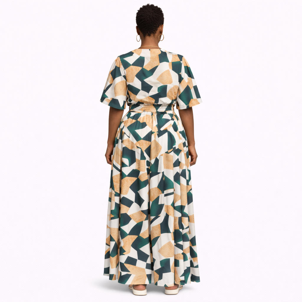 Womens Geometric Print Wrap Top and Wide Leg Trousers Set