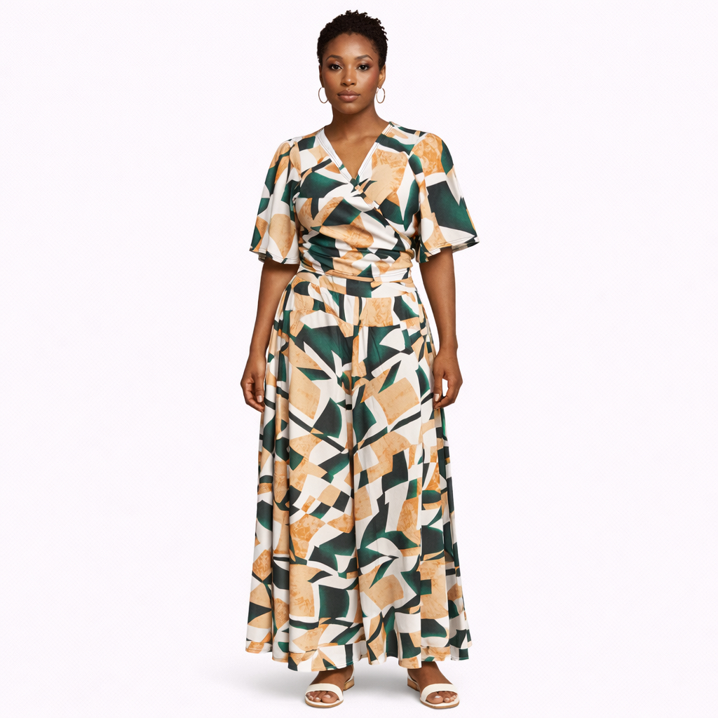 Womens Geometric Print Wrap Top and Wide Leg Trousers Set