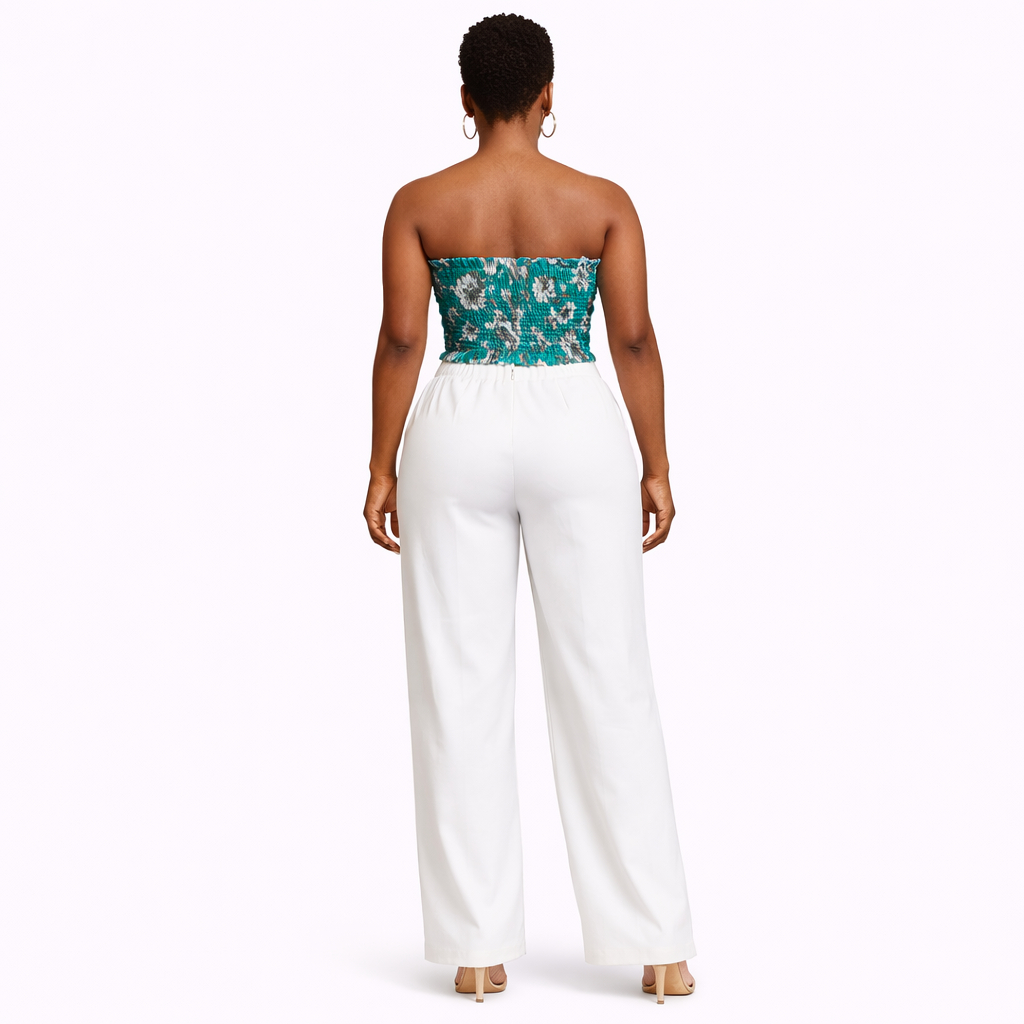 Teal Floral Smocked Strapless Crop Top