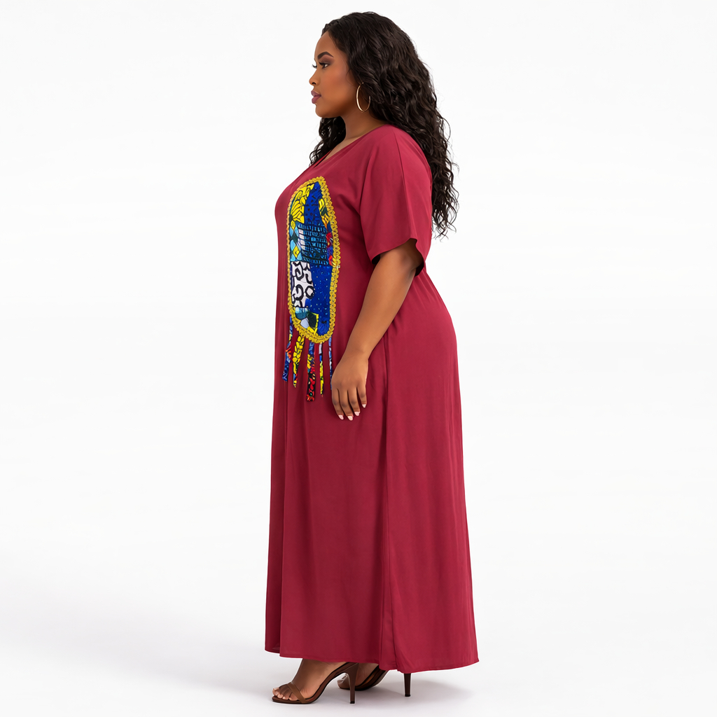 Women Burgundy Kaftan Dress with African Patch Design