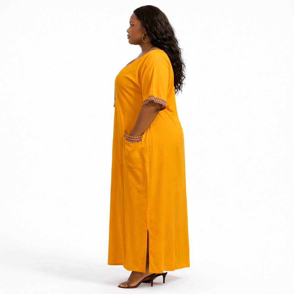 Women Mustard Yellow Embroidered Kaftan Dress