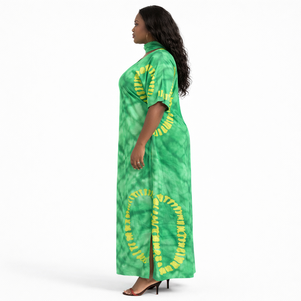 Women Green Tie Dye Kaftan Dress with Scarf