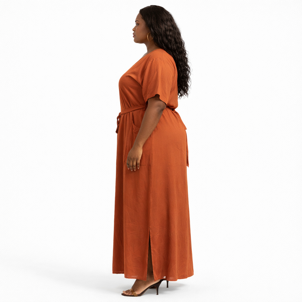 Women Rust Orange Belted Kaftan Dress
