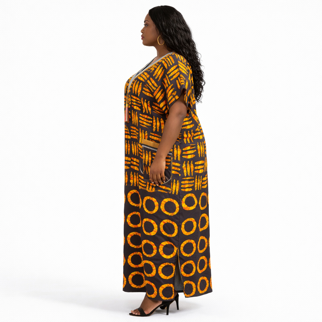 Black and Orange African Print Kaftan Dress for Ladies