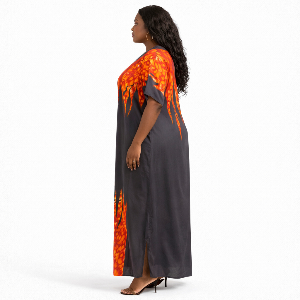 Women Orange and Black Button Front Kaftan Dress