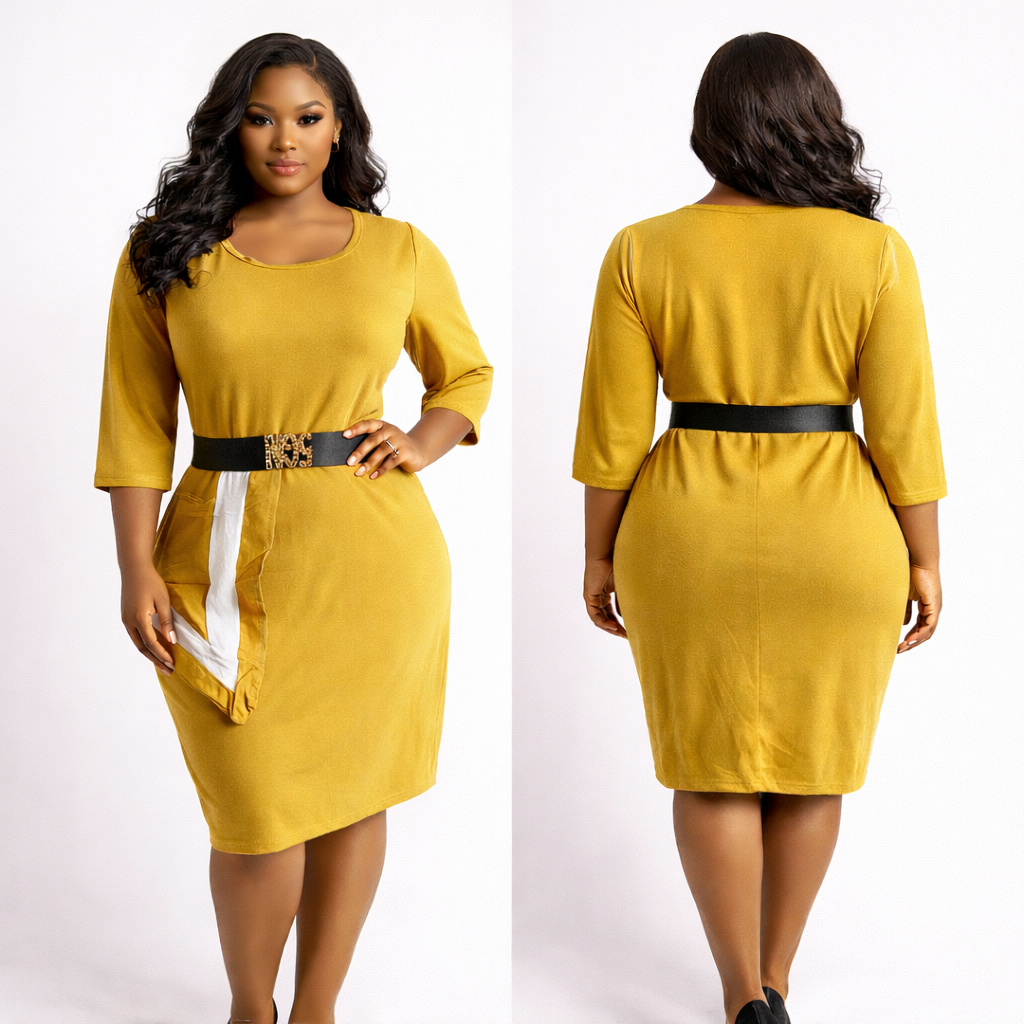 Mustard Yellow Midi Dress with Asymmetrical Detail