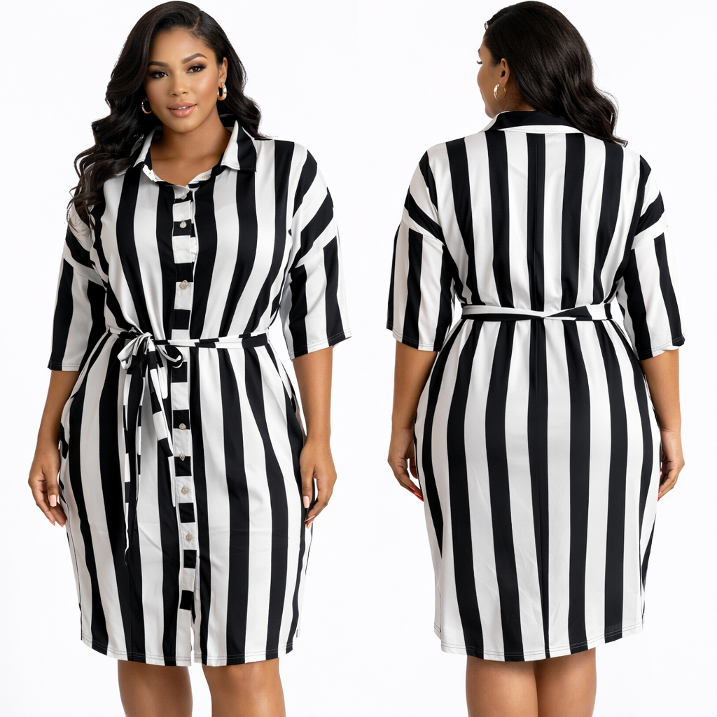 Black and White Vertical Stripe Shirt Dress with Waist Tie