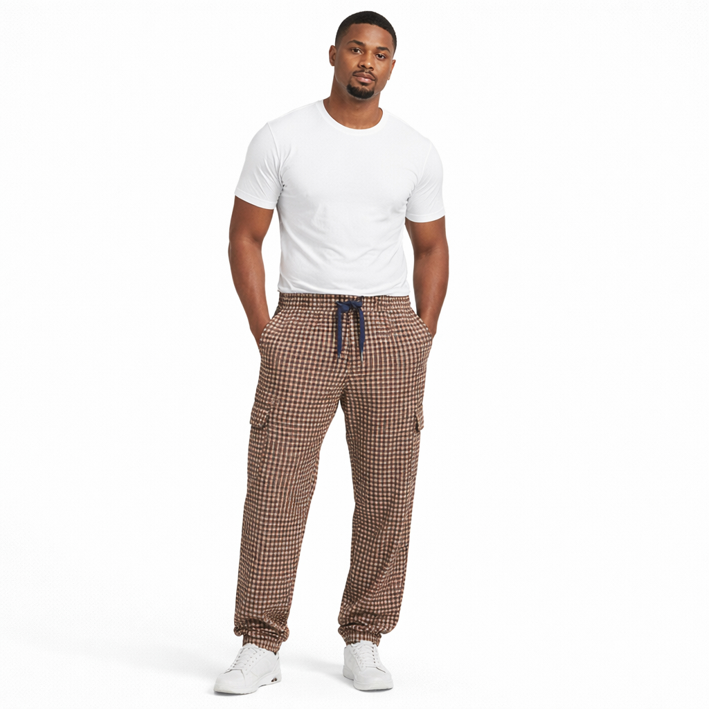 Unisex Brown Checkered Drawstring Casual Pants