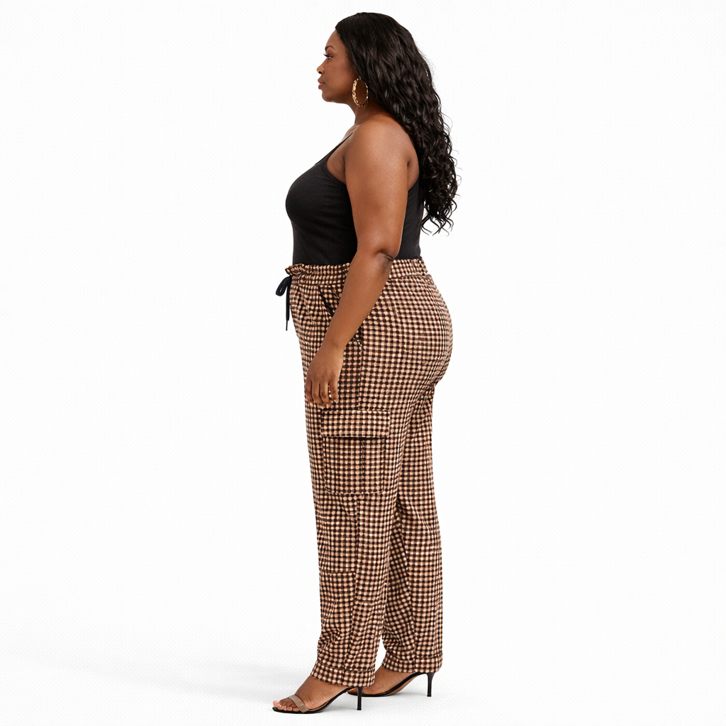 Unisex Brown Checkered Drawstring Casual Pants