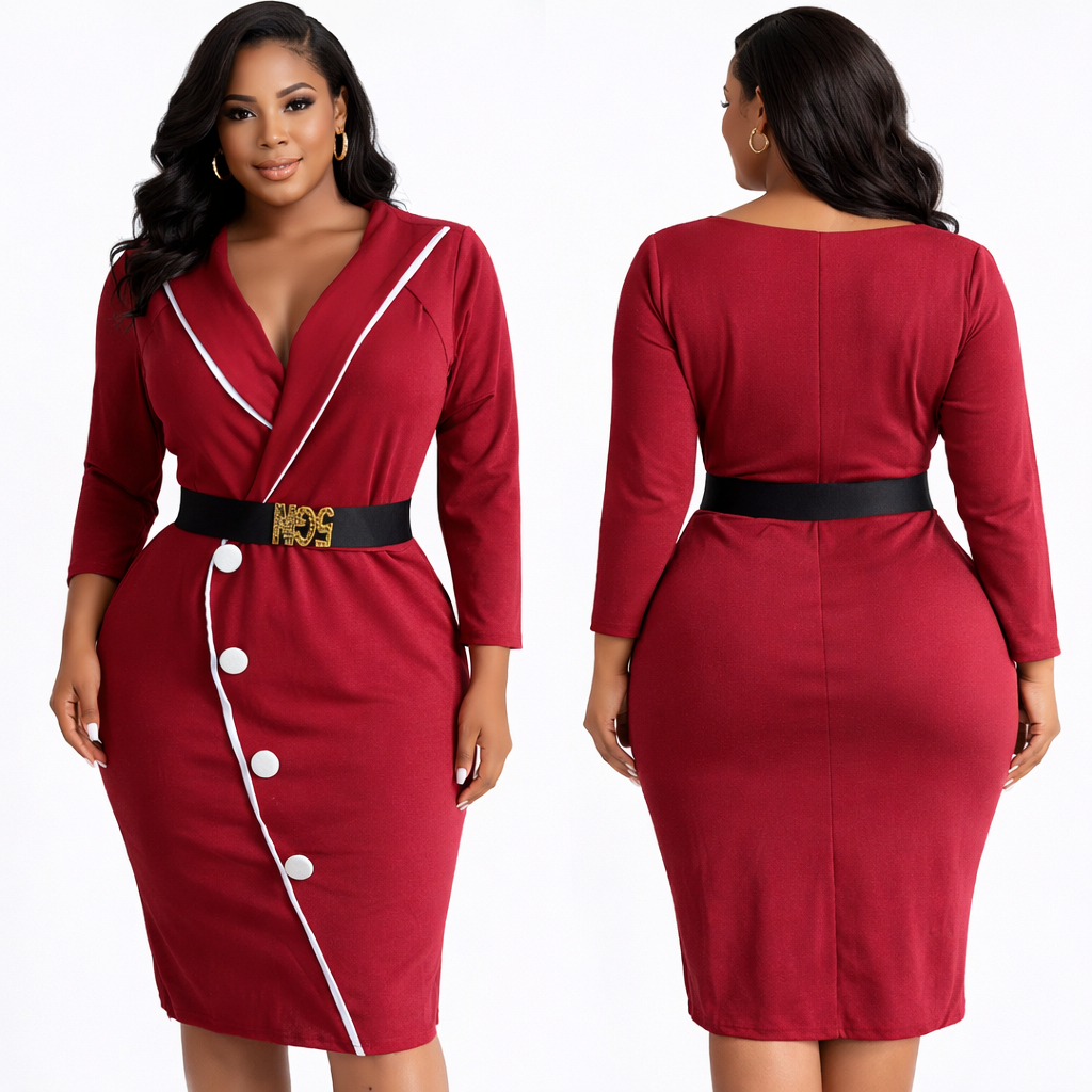 Red Contrast Trim Wrap Style Midi Dress with Button Detail