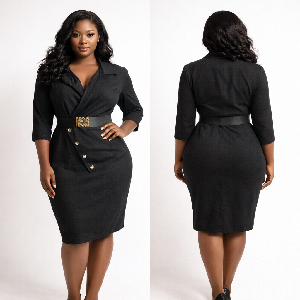 Black Elegant Midi Dress with Gold Buckle