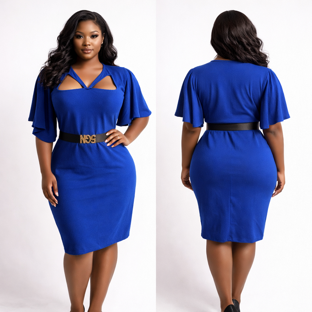 Royal Blue Cut Out Neck Flutter Sleeve Midi Dress