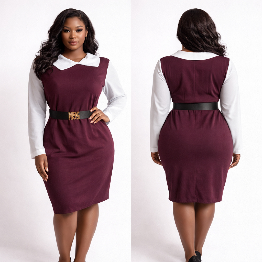 Burgundy Contrast Collar Midi Dress with Long Sleeves