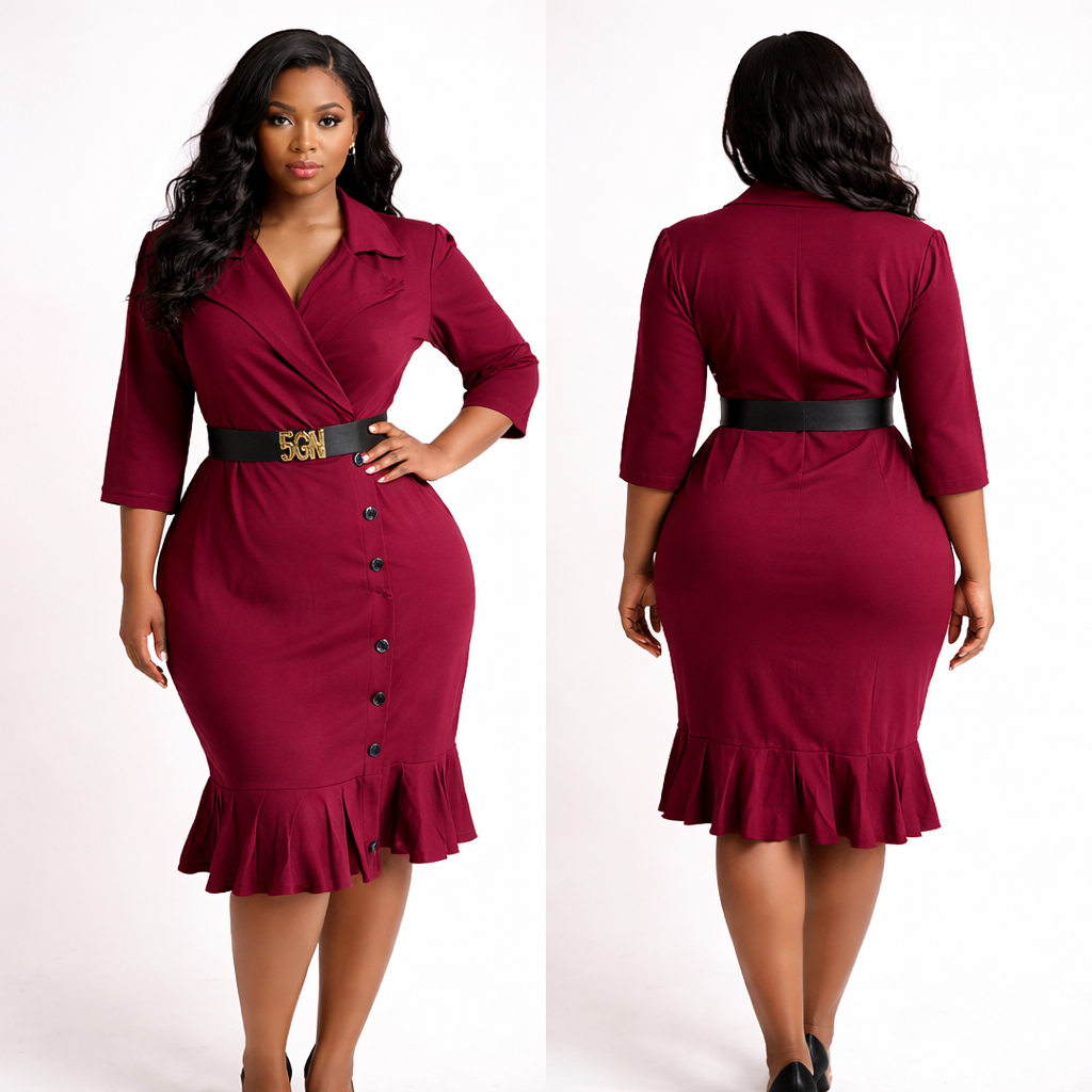 Burgundy Wrap Style Button Front Midi Dress with Ruffle Hem