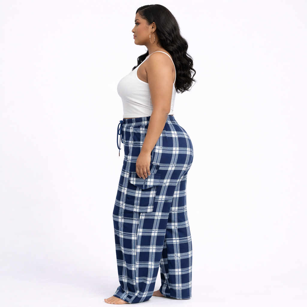 Women Blue Plaid Drawstring Casual Pants