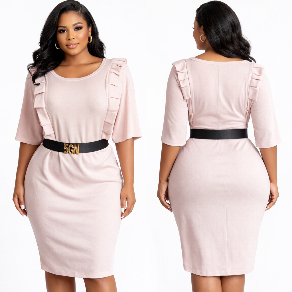 Blush Pink Ruffle Shoulder Midi Dress