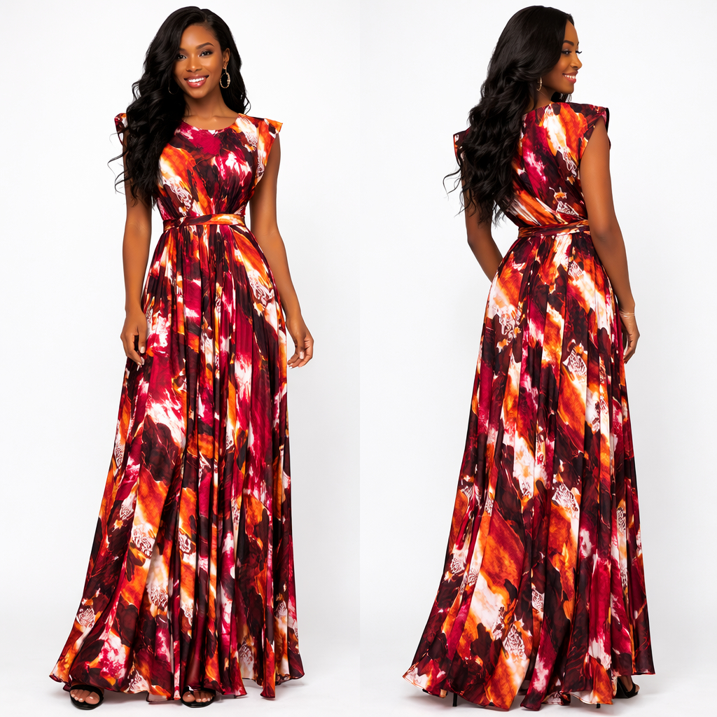Abstract Print Pleated Maxi Dress with Waist Tie