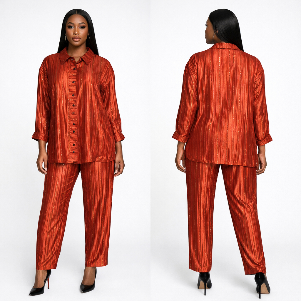 Rust Pattern Short Sleeve Lounge Set with Button Shirt and Pants