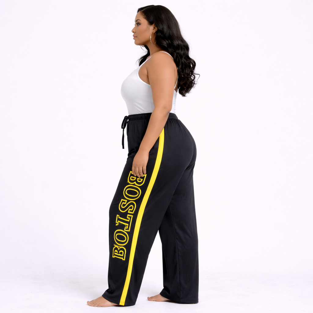Women Black Letter Print Jogger Pants with Yellow Side Stripes