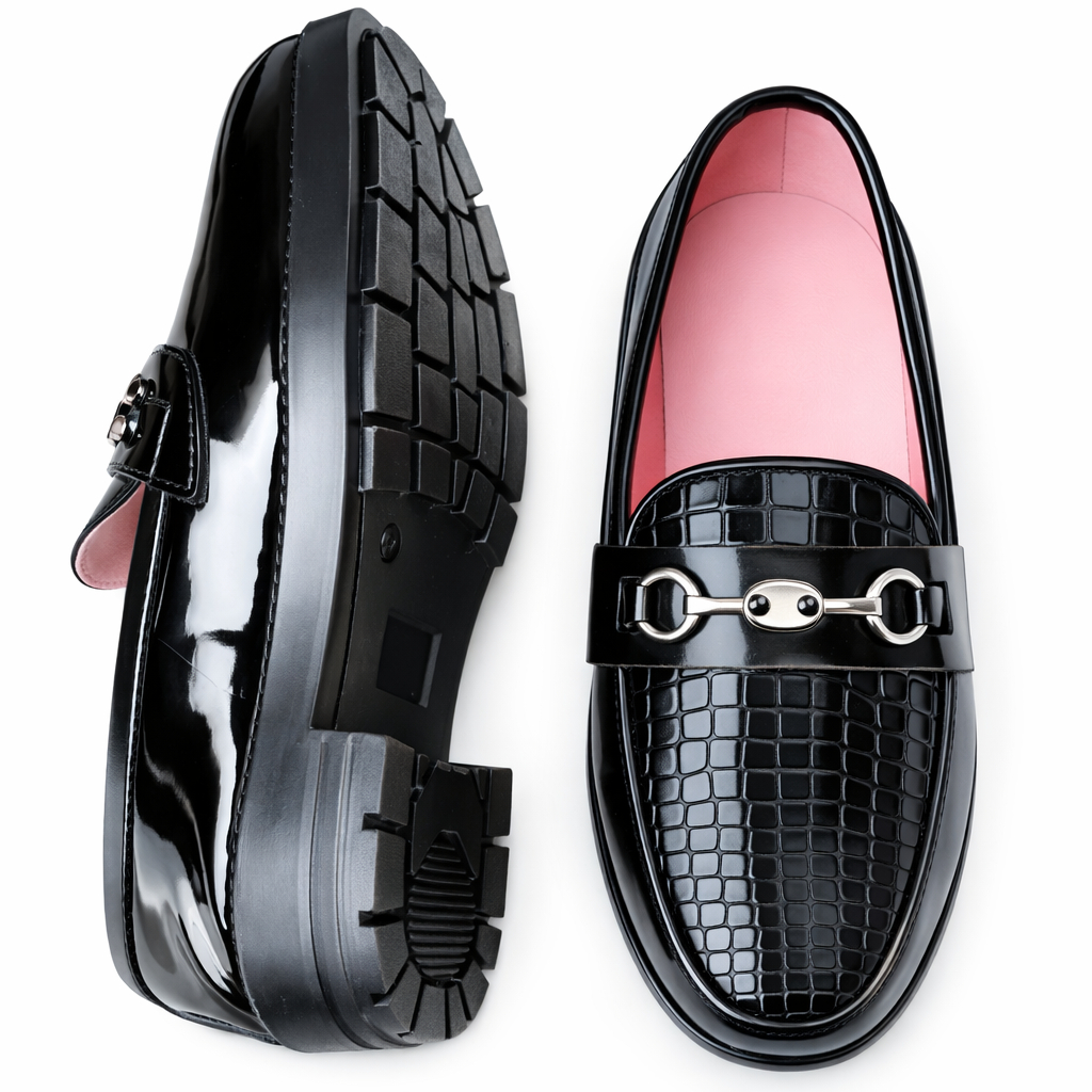 Men Black Crocodile Embossed Leather Horsebit Loafers