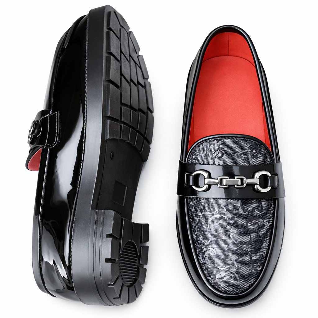 Men Glossy Black Slip On Loafers with Metal Detail
