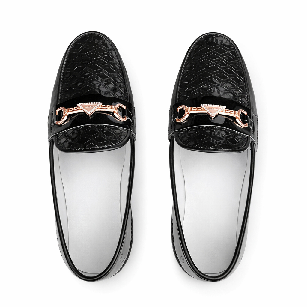 Black Geometric Patent Leather Loafers with Gold Chain Detail
