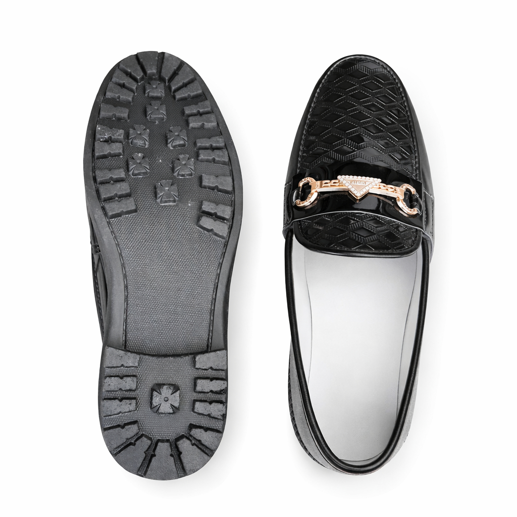 Black Geometric Patent Leather Loafers with Gold Chain Detail