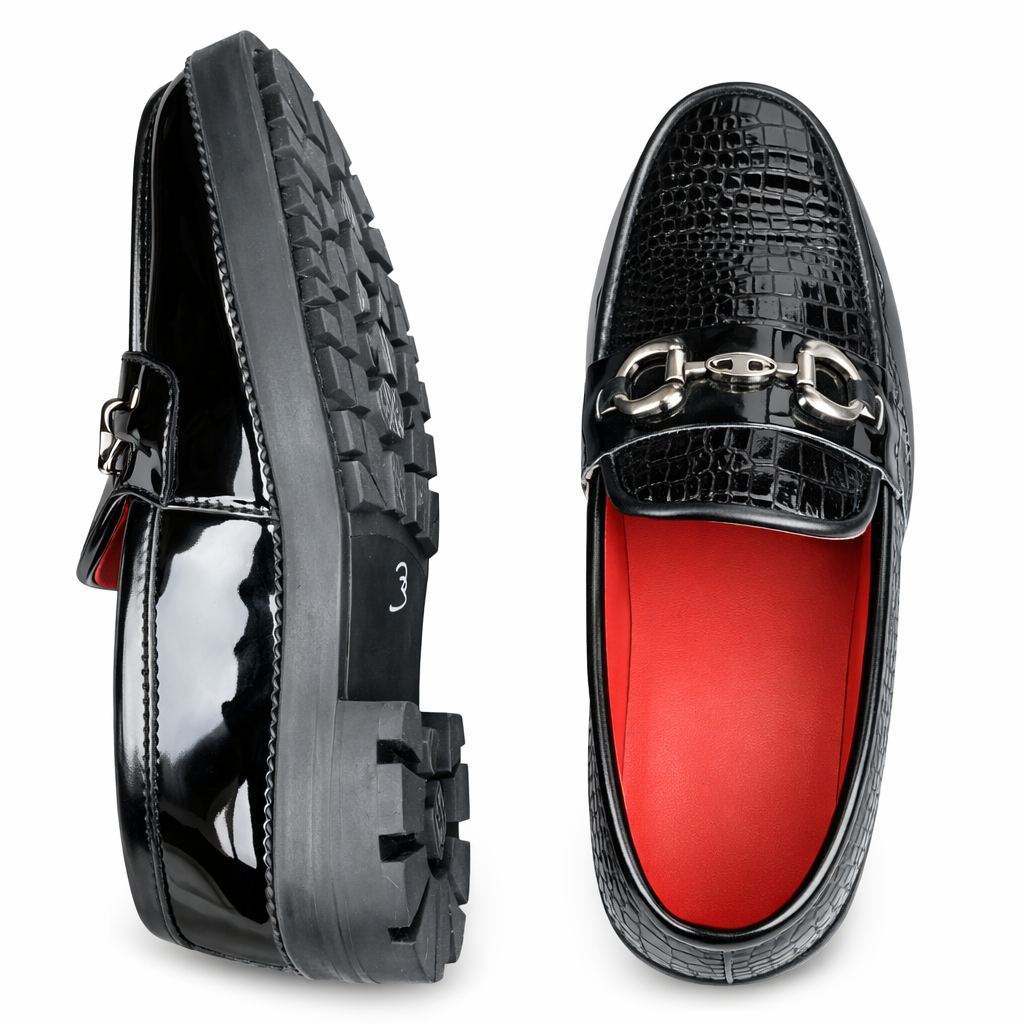 Mens Crocodile Texture Patent Leather Horsebit Loafers